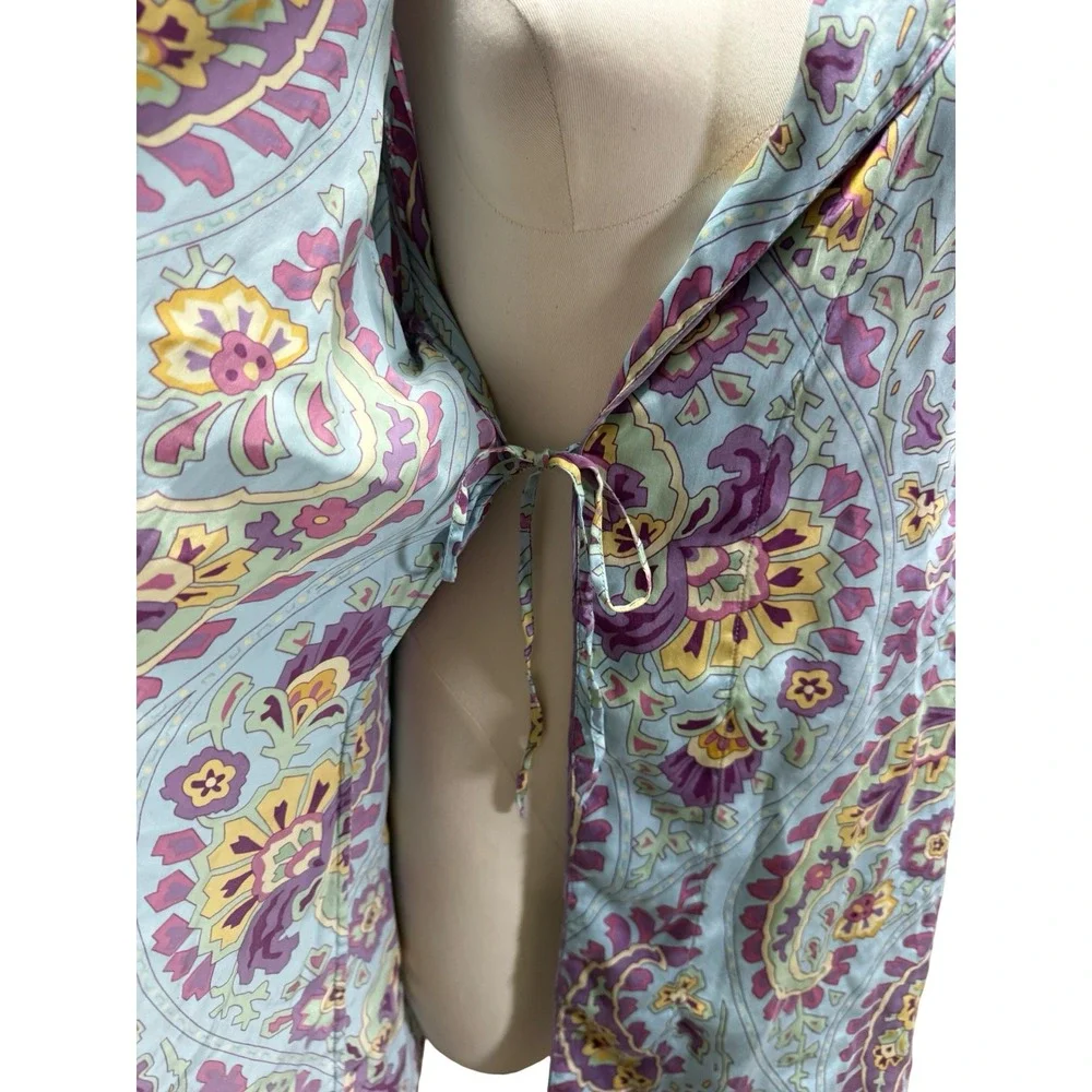 Nick & Nora Silk Robe Womens S/M Blue Paisley‎ Sleepwear Excellent Short Wrap - Picture 5 of 6